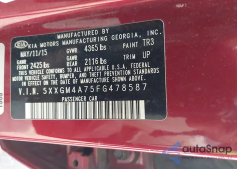 2015 Kia Optima Lx from USA, damaged, VIN 5XXGM4A75FG478589